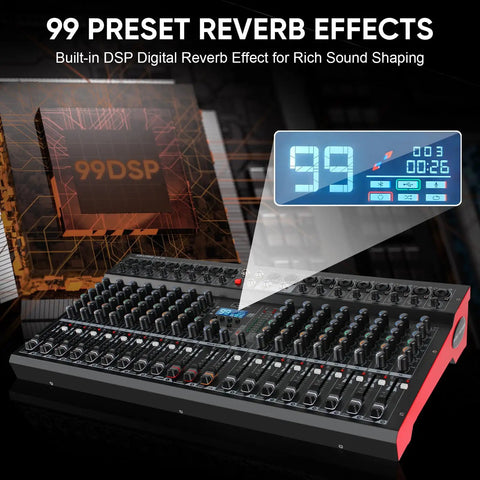 16 Channel Pro Audio Mixer For Live Sound And Studio DJ Performances With Bluetooth USB Recording 99 DSP Effects 48V Phantom Power Built In Reverb MP3 Player And Easy Karaoke Setup with 99 preset reverb effects shown on display
