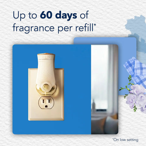 PlugIns Air Freshener Starter Kit With Two Fragrance Oil Warmers And Six Refills In Clean Linen Scent plugged into wall.