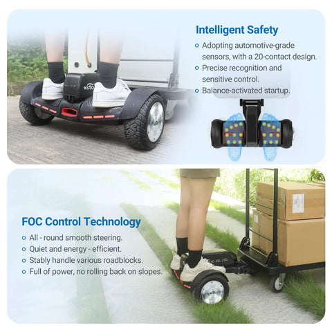 Electric Platform Truck 661 Lbs Capacity Heavy Duty Flatbed Cart With 1000W Motor demonstrating intelligent safety features while in use.