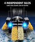 Rear view of Pro RC Fishing Bait Boat With Four Bait Holders in action with LED lights and baiting silos at sea.