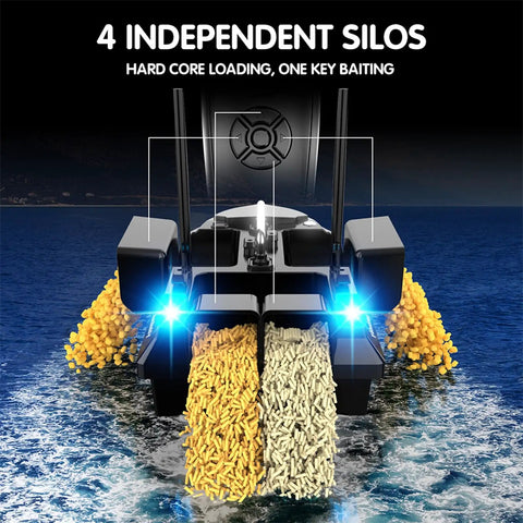 Rear view of Pro RC Fishing Bait Boat With Four Bait Holders in action with LED lights and baiting silos at sea.
