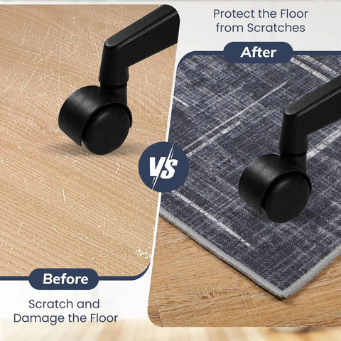Before and after use of 36 By 48 Inches Tough As Nails Office Chair Mat For Hardwood And Tile Floors showing protection from scratches.