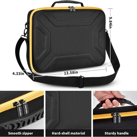 DeWalt 20V Max XR Jigsaw Case With Rugged Interior Tray For DCS334B DCS335B shown with handle, smooth zipper, and dimensions.
