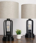 Industrial Farmhouse Table Lamps Duo With Night Light And USB Charging, Linen Drum Shade, Matte Black Metal Base