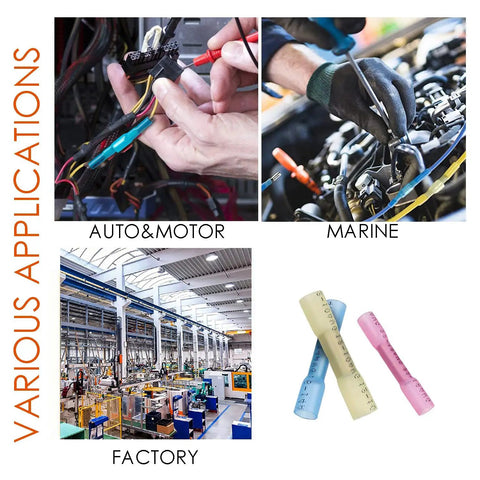 110 Piece Heat Shrink Butt Connectors Kit For 26 To 10 Gauge Wire With Solder Seal Waterproof for auto, marine, factory use.