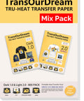 DIY Heat Transfer Paper Kit For Dark And Light T Shirts Mix Pack With 5 Dark 1.0 Sheets And 5 Light 2.0 Sheets Plus Reusable Teflon Paper 8.5x11 Inches For Inkjet Printers package showing product details.
