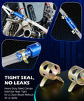 One Pair Brake Bleeder Hose Kit For Bleeding Brakes Solo With 9 Piece One Way Check Valve Set Flexible PU Tubing With Steel Clamps And Dust Caps Universal For Cars And Motorcycles, shown installed on a motorcycle brake system, close-up of clamps and valves.