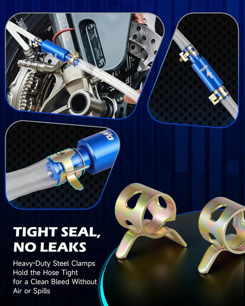 One Pair Brake Bleeder Hose Kit For Bleeding Brakes Solo With 9 Piece One Way Check Valve Set Flexible PU Tubing With Steel Clamps And Dust Caps Universal For Cars And Motorcycles, shown installed on a motorcycle brake system, close-up of clamps and valves.