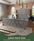 Image of Top Shelf King Size Platform Bed Frame With 56 Inch Velvet Wingback Headboard In Deep Gray during assembly.