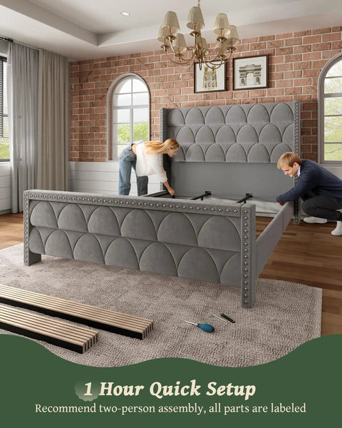 Image of Top Shelf King Size Platform Bed Frame With 56 Inch Velvet Wingback Headboard In Deep Gray during assembly.