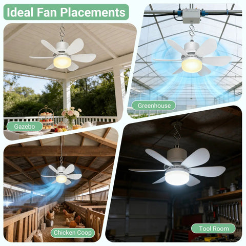 Dope Solar Powered Ceiling Fan With Light And Remote, 18000mAh Battery, shown in gazebo, greenhouse, chicken coop, tool room