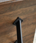 Modern Wood Top Dining Table With Sturdy Black Metal Base And Center Shelf For Kitchen Or Office With Rounded Child Safe Edges table leg detail showing walnut finish and strong support.