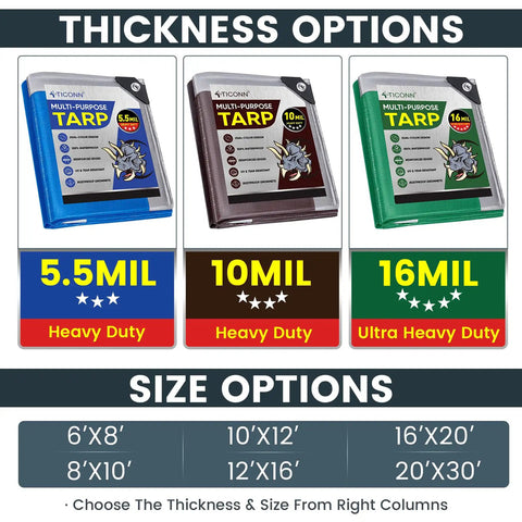 Heavy Duty Tarp Cover Extra Thick Waterproof Tarpaulin With Rip Proof Edges 5.5 Mil Thick 6x8 Ft size options