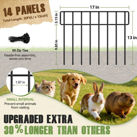 14 Pack 20Ft Long Garden Fence Panels For Dogs And Rabbits No Dig Rustproof Metal Animal Barrier Border For Outdoor Yard Patio And Border Defense Ideal For Pet Proofing Flower Beds And Vegetable Plots In Any Outdoor Space, shown with pet animals.