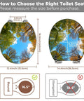 Toilet Seat Round Resin for Bathroom showing size measurements and fit guidelines with colorful forest design.