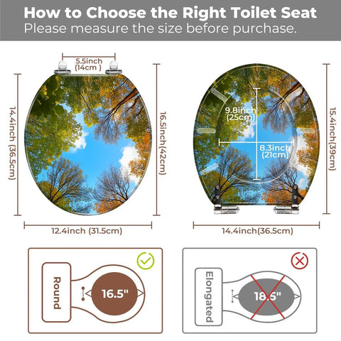 Toilet Seat Round Resin for Bathroom showing size measurements and fit guidelines with colorful forest design.