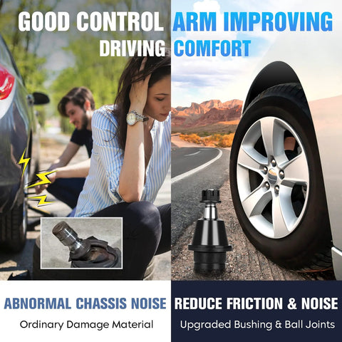 Side by side comparison showing ordinary damaged control arm and upgraded bushing and ball joints with Ford focus keyword.