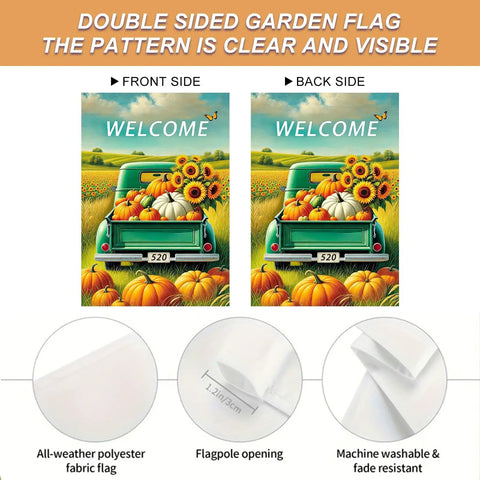 Fall Truck Garden Flag 12x18 Inch Green Pickup Packed With Pumpkins And Sunflowers, Double Sided Autumn Harvest Yard Decor