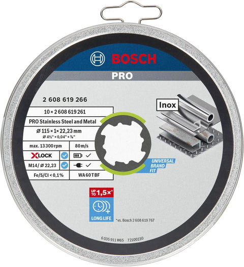 Pack Of 10 Pro Grade Straight Cutting Discs 115 Mm For Inox X Lock Bore 22.23 Mm 1 Mm Thick Standard Wheel label
