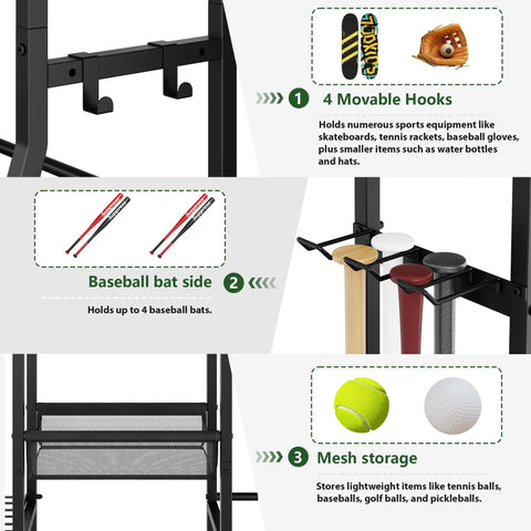 All In One Sports Gear Organizer For Home Garage Club And Basement With Dual Golf Bag Storage Rack showing hooks and storage sections