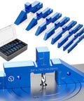 Woodworking Setup Blocks Aluminum Height Gauge Set With Precision Ruler Marked Bars And Case Eight Block Kit For Router And Table Saw Alignment And Quick Fence And Blade Setup shown with blue blocks and storage case