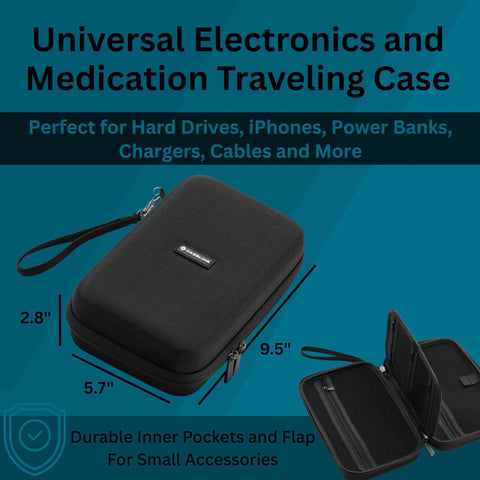 Kickass Shockproof Eva Travel Organizer For Power Banks And Cables Beast Mode Tech Essentials Pouch With Secure Wrist Strap Compact Electronic Gadgets Storage Case Black, dimensions 9.5 x 5.7 x 2.8 inches, showcasing zippers and inner pockets.