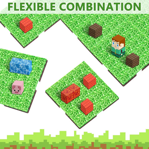 Magnetic Baseplate Set For Kids 4x4 Magnetic Building Blocks Grassland Theme with Minecraft-style figures and blocks