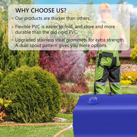 Gardener using Portable Water Storage Bladder Tank 90 Gallons Large Capacity Blue Water Container for irrigation