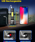Rechargeable LED Flashlight With COB Sidelight Beast Mode Bright High Lumen Beam USB charging demonstration on table