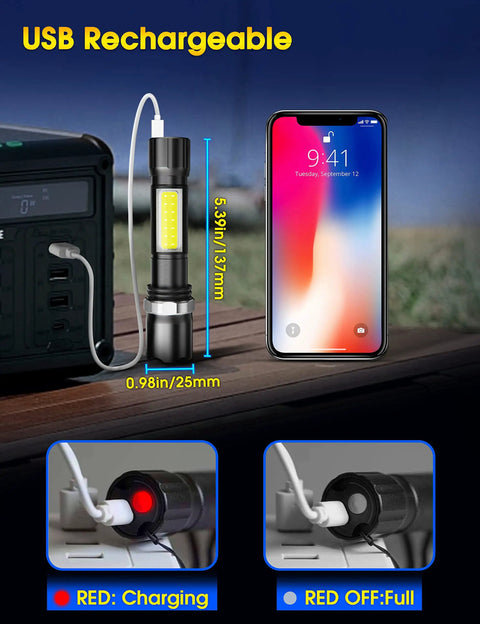 Rechargeable LED Flashlight With COB Sidelight Beast Mode Bright High Lumen Beam USB charging demonstration on table