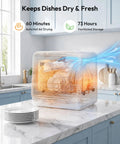 Portable Countertop Dishwasher Unit With Eight Quick Wash Cycles And Whisper Quiet Operation Totally Saves Counter Space Holds Over Thirty Plates In Sleek Black Finish Makes Cleaning Hassle Free, showing drying mode with dishes.
