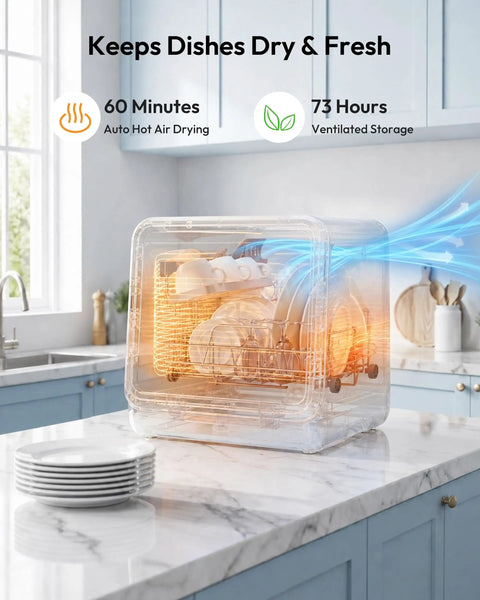 Portable Countertop Dishwasher Unit With Eight Quick Wash Cycles And Whisper Quiet Operation Totally Saves Counter Space Holds Over Thirty Plates In Sleek Black Finish Makes Cleaning Hassle Free, showing drying mode with dishes.