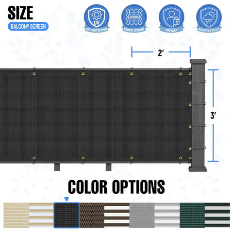 Three Feet By Twelve Feet Balcony Privacy Fence Screen Cover With Zip Ties, UV Protected 200GSM Durable Black mesh detail