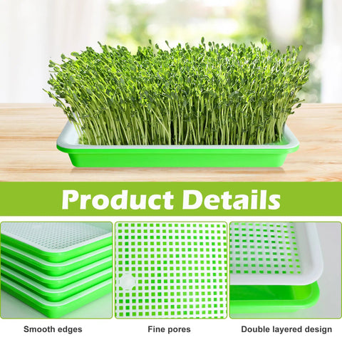 Five Pack Seed Sprouter Tray Kit With Drain Holes For Germination Propagation BPA Free Soil Free Wheatgrass Bean Sprouts Microgreens Growing Kit With 20 Pieces Planting Paper 8.8 By 5.7 Inches Each No Mess Indoor Grow Kit showing layers and details.