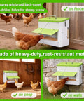 Heavy Duty Automatic Chicken Feeder With Weather Sealed Lid And Lockable Rodent Proof Door For Zero Waste Hanging Backyard Poultry Feed Hopper on fences with chickens nearby.