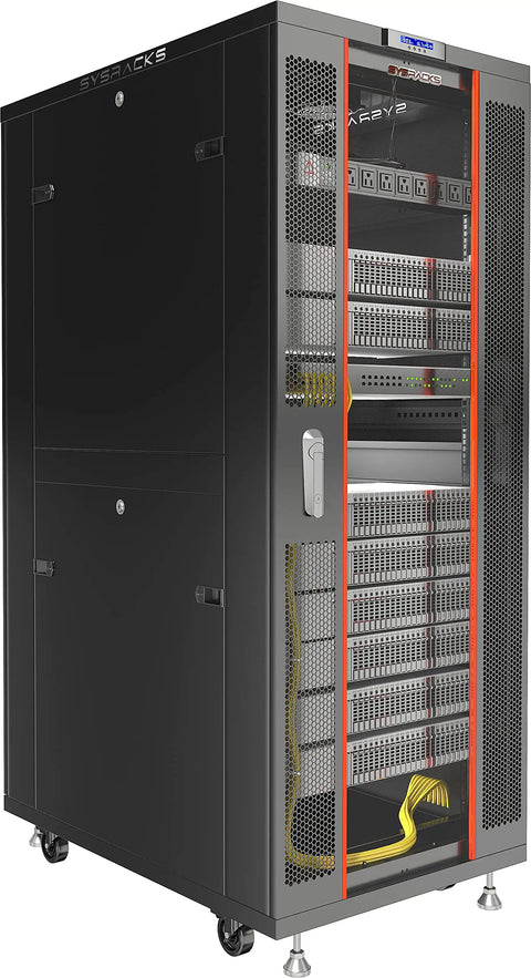 Rock Solid 42U Floor Standing Server Rack With Locking Glass Door And Quiet Cooling Fan Heavy Duty 39 Inch Deep Network Cabinet showing the front view with visible shelves and door.