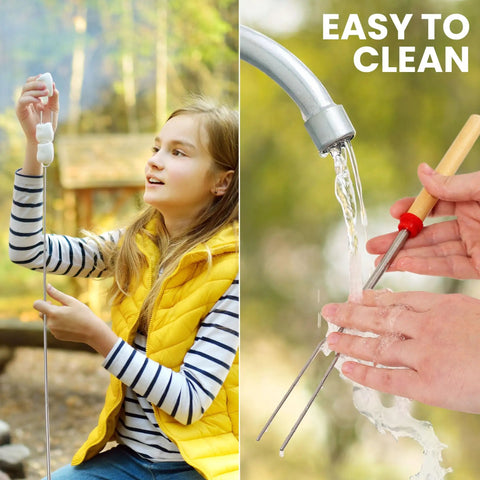 Girl using Sturdy 32 Inch Marshmallow Roasting Sticks For Fire Pit Bonfire All In One Camping Kit Eight Pack Stainless Steel Telescopic Skewers For Smores Kit And Hot Dogs Outdoor Glamping Ready and cleaning under faucet.