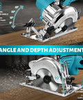 Badass 5 Inch Brushless Cordless Circular Saw Snap Mount Design Heavy Duty showing 45° and 90° cutting angle adjustments on wood.