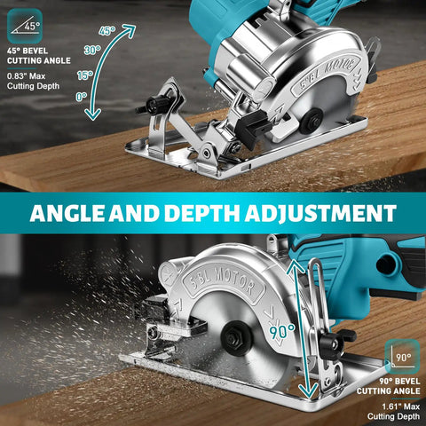 Badass 5 Inch Brushless Cordless Circular Saw Snap Mount Design Heavy Duty showing 45° and 90° cutting angle adjustments on wood.