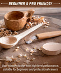Right Handed Spoon Carving Hook Knife on a wood surface with a kuksa cup and shavings, ideal for whittling kuksa cups and bowls.