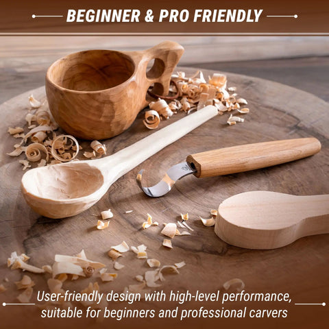 Right Handed Spoon Carving Hook Knife on a wood surface with a kuksa cup and shavings, ideal for whittling kuksa cups and bowls.