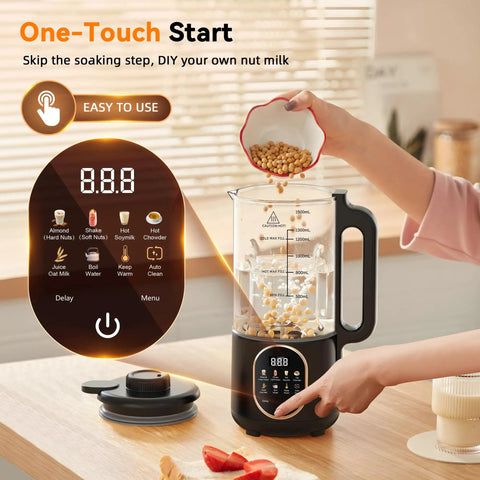 50 Oz Nut Milk Maker Machine Ten In One Automatic Plant Based Milk Maker Do It All For Homemade Almond Oat Coconut Soy Milk Juice And More With 20 Blades Delay Start Boil Water Keep Warm Auto Clean shown with soybeans being poured in kitchen setting.