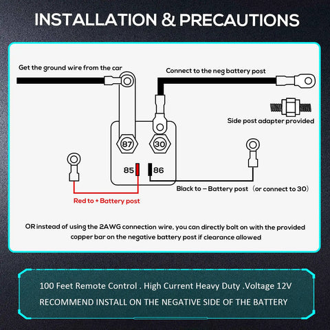 Diagram showing installation of Remote Battery Disconnect Switch Kit 12V 250A Heavy Duty Quick Kill Prevent Battery Drain.