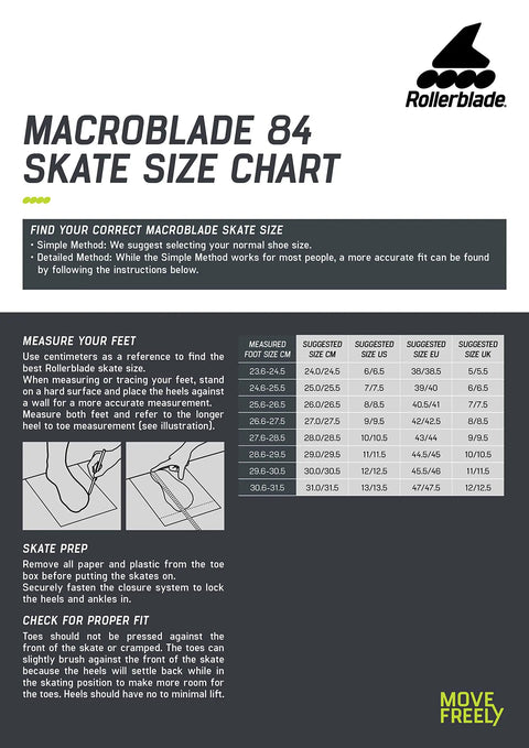 Macroblade 84 Mens Fitness Inline Skates Built For Real Skaters With High Cuff Support And Adjustable Fit Footboard size chart.
