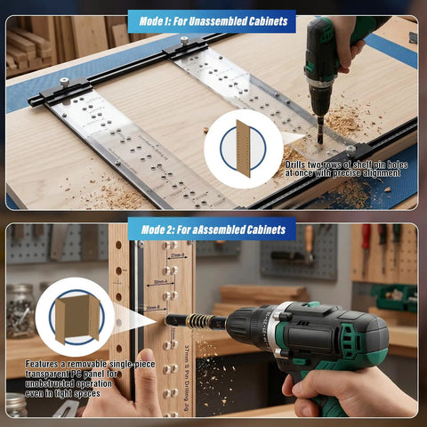 Premium 5MM Shelf Pin Drilling Jig With Adjustable Indexing Guide and Dual Self Centering Bits for drilling holes in cabinets.