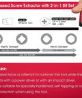 Hand holding 2 Piece Stripped Screw Extractor Kit With 6.25 Inch Screw Removal Pliers And Recessed Screw Extractor, instructional guide visible.