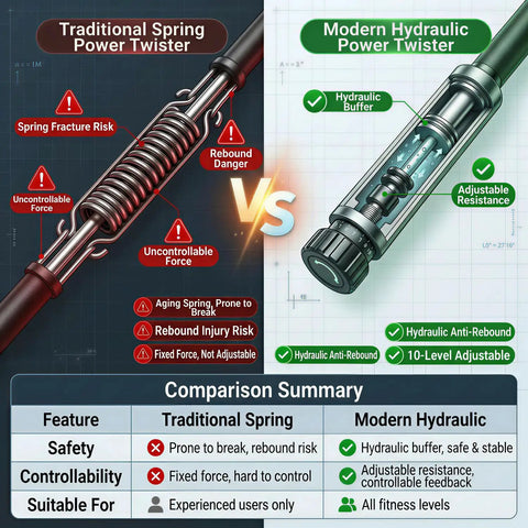 Comparison of upgraded hydraulic arm exerciser vs traditional spring power twister showing safety and control features.