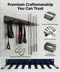 Upgraded Nine Hook Wall Mount Gym Storage Rack For Home Gyms Heavy Duty 3mm Steel Rust Resistant, hanging barbells and bands.