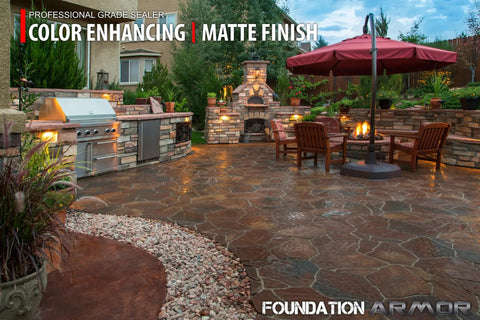 Pro Grade 5 Gallon Solvent Based Concrete Sealer Drops A Real Matte Wet Look Finish On Brick And Slate With Hella Strong Deep Penetrating Water Repellent Shield For Straight Up Masonry Perfection in a landscaped backyard with stone patio.