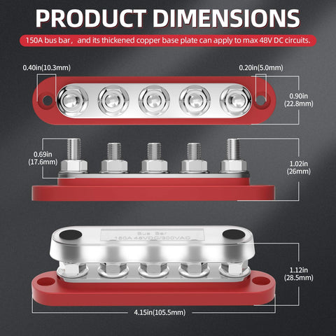 Compact Power Distribution Block With Cover, Five Quarter Inch Studs, Built Tough For Automotive Marine Use, High Current Bus Bar Terminal, 150 Amp, 48V DC 300V AC, Durable Nylon Base, Stainless Studs, Nickel Plated Copper Plate